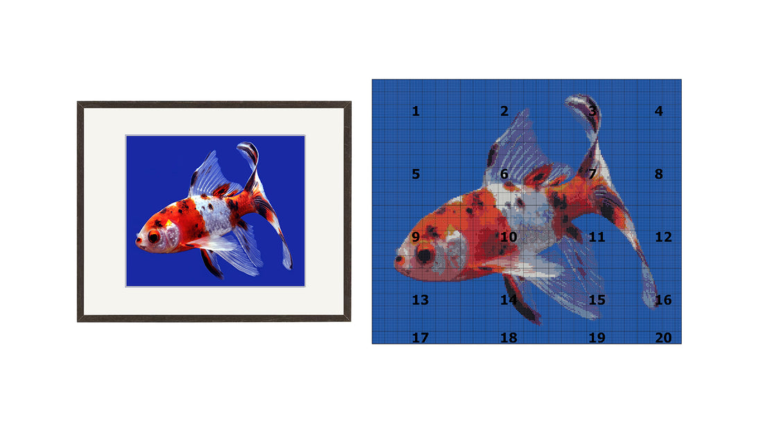 Das ist Magie: Seltener Goldfisch im strahlend elektrischblauen Wasser. Kreuzstich oder Halber-Kreuzstich.